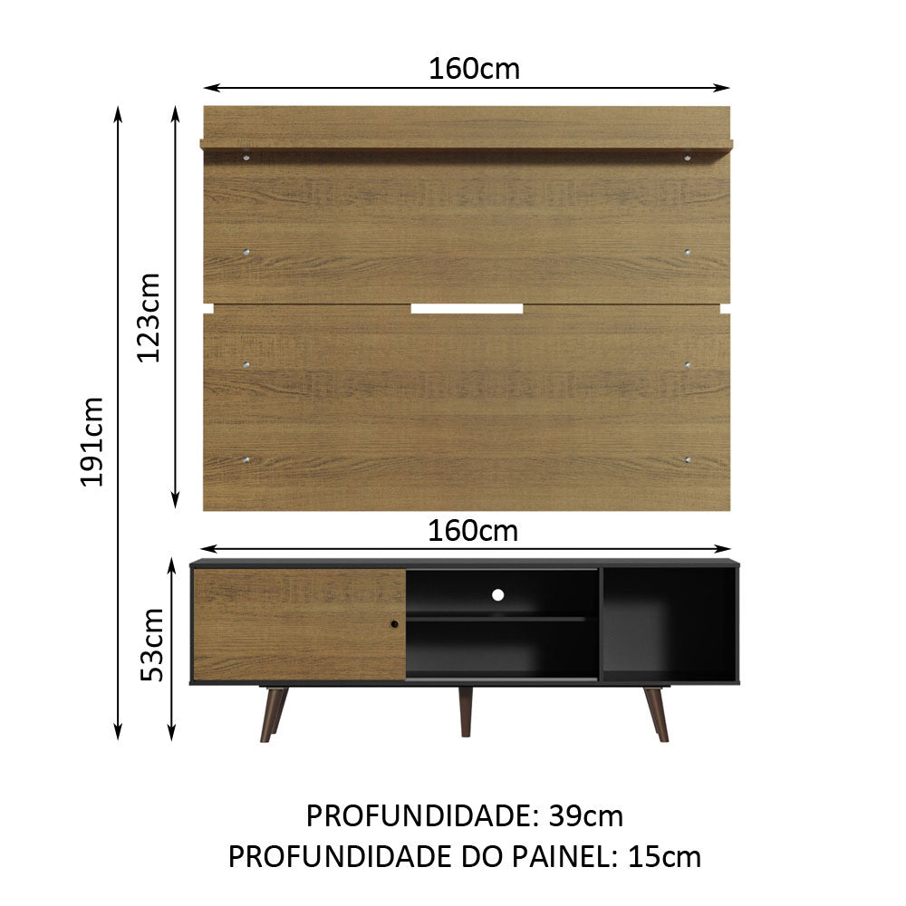 Rack Madesa Dubai e Painel para TV até 65 Polegadas com Pés Preto/Rustic D85Z