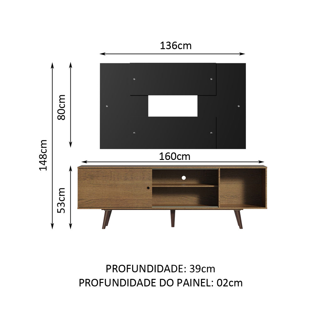 Rack Madesa Dubai com Pés e Painel para TV até 58 Polegadas Rustic/Preto 5ZD8
