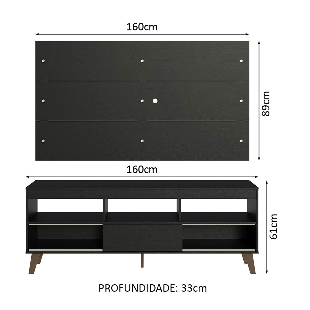 Rack com Painel para TV até 65 Polegadas com Pés Preto Texas Madesa