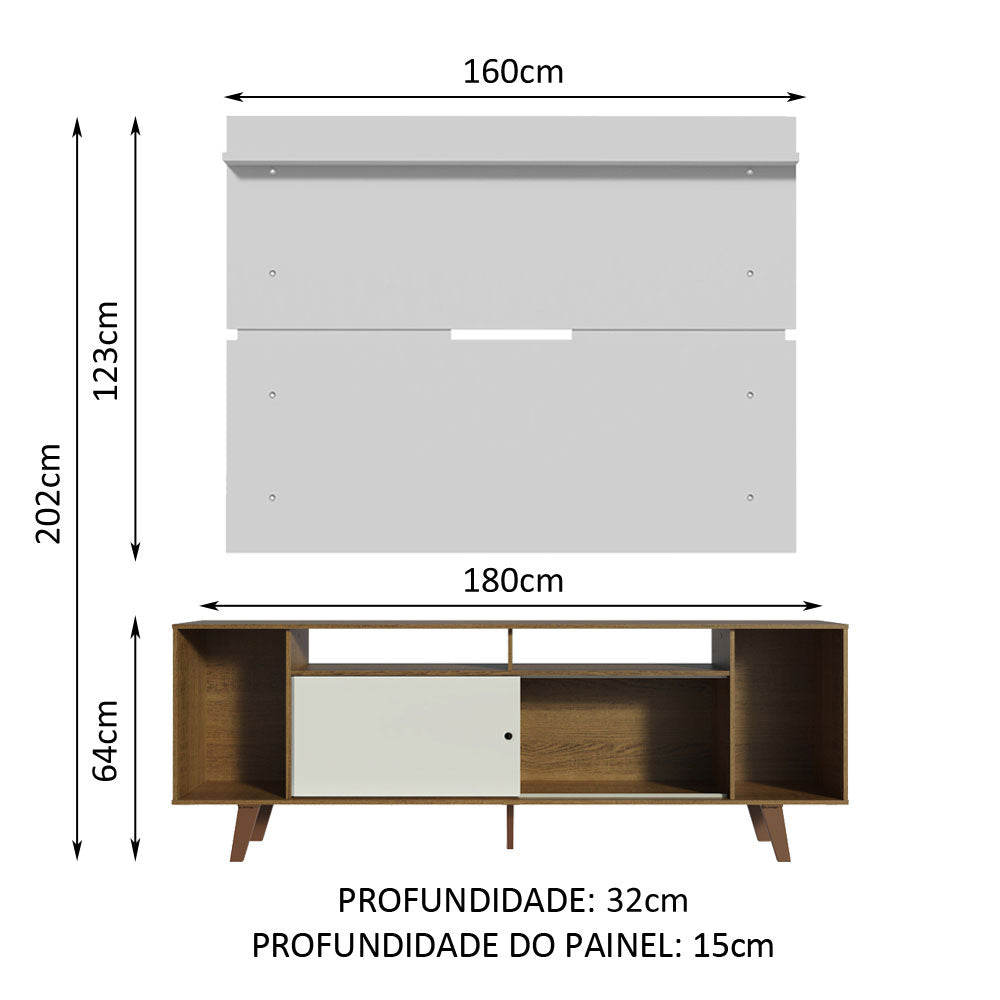 Rack Madesa Cancun com Pés e Painel para TV até 65 Polegadas Rustic/Branco 6E9B