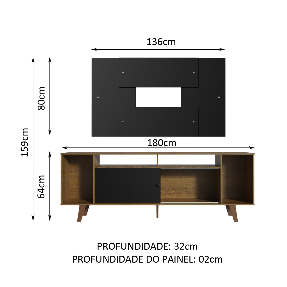 Rack Madesa Cancun com Pés e Painel para TV até 58 Polegadas Preto/Rustic 7KD8