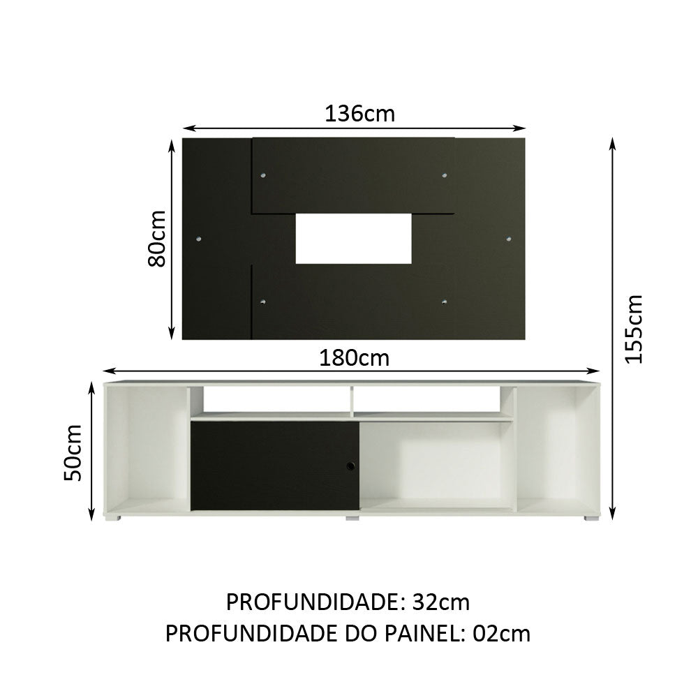 Rack Madesa Cancun e Painel para TV até 58 Polegadas Branco/Preto 738N