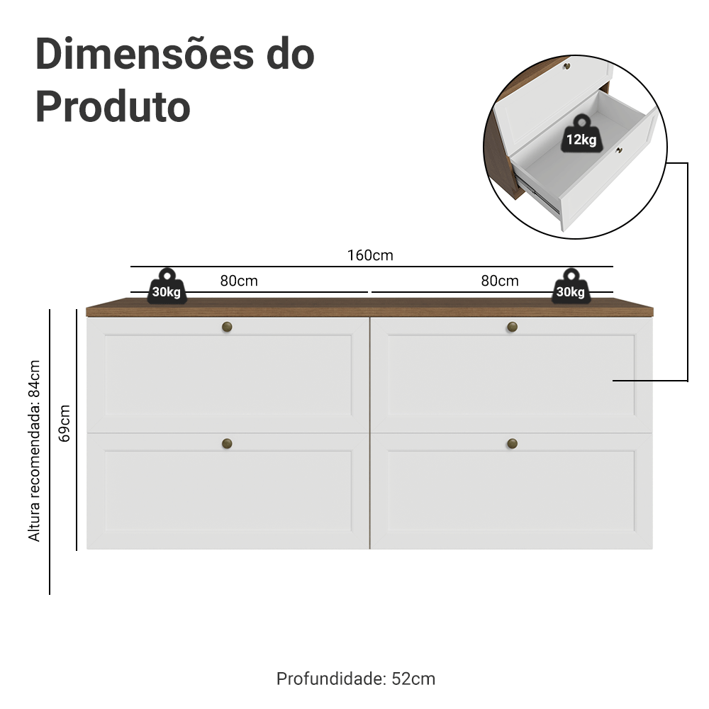Rack para TV até 70 Polegadas 160cm 4 Gavetas Rustic/Branco Vik Madesa 04