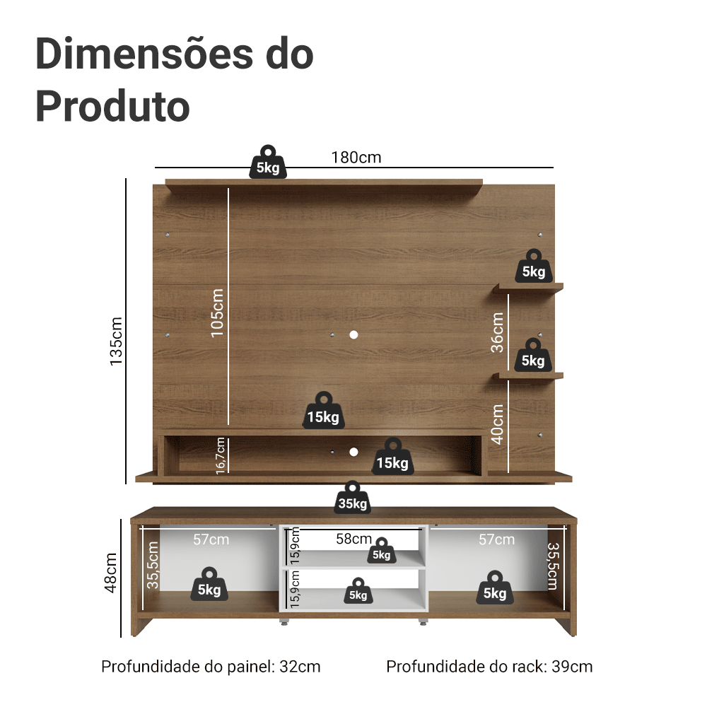Rack com Painel para TV até 60 Polegadas 180 cm Rustic/Branco Metz Madesa