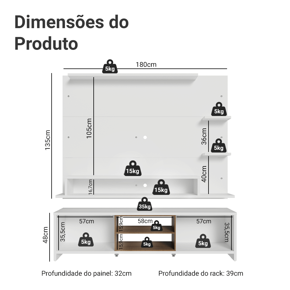 Rack com Painel para TV até 60 Polegadas 180 cm Branco/Rustic Metz Madesa