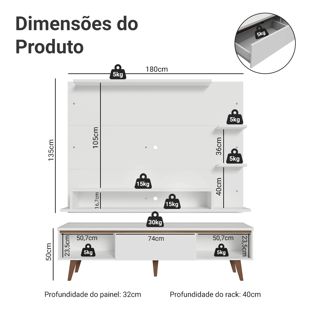 Rack com Painel para TV até 60 Polegadas 180 cm com Pés Branco/Rustic Reims Madesa