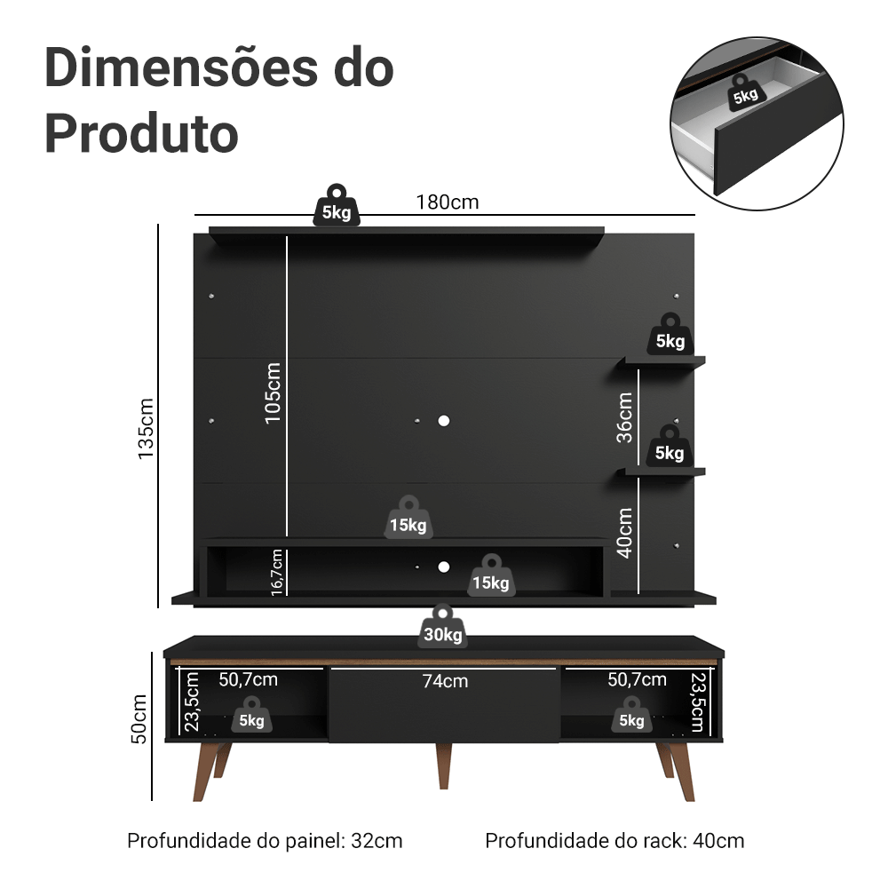 Rack com Painel para TV até 60 Polegadas 180 cm com Pés Preto/Rustic Reims Madesa