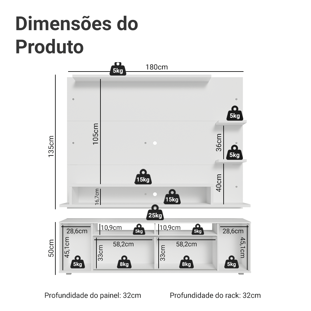 Rack com Painel para TV até 60 Polegadas 180 cm Branco Cancun Madesa