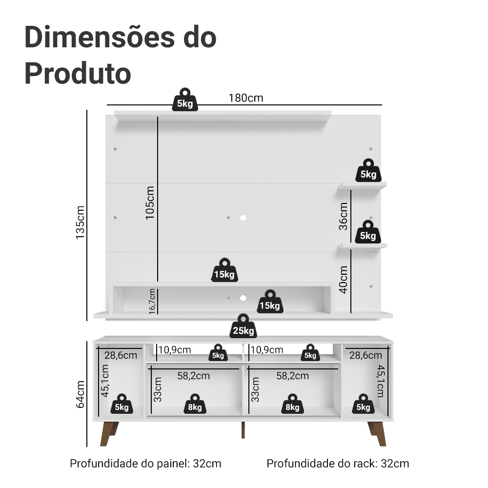 Rack com Painel para TV até 60 Polegadas 180 cm com Pés Branco/Rustic Cancun Madesa