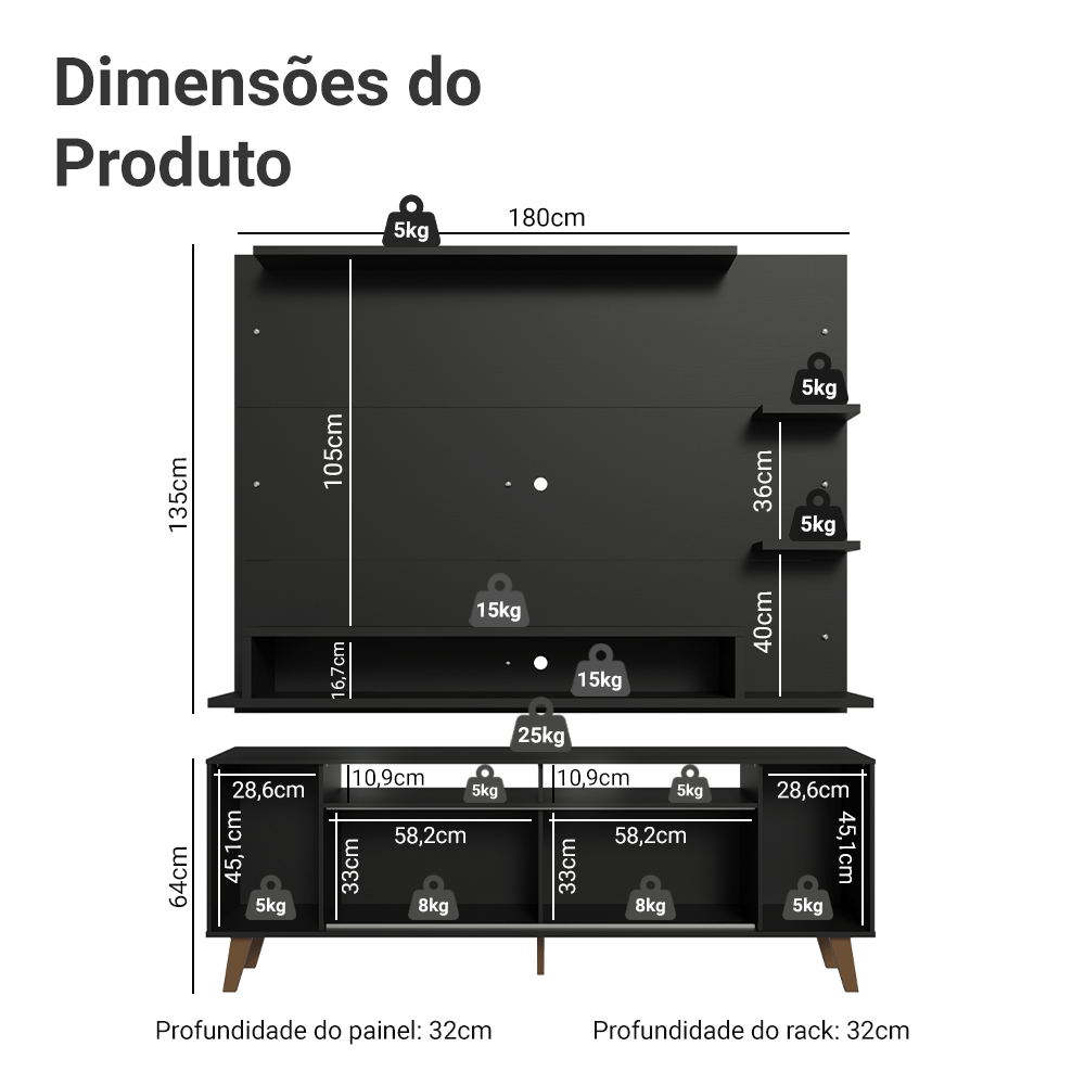 Rack com Painel para TV até 60 Polegadas 180 cm com Pés Preto/Rustic Cancun Madesa