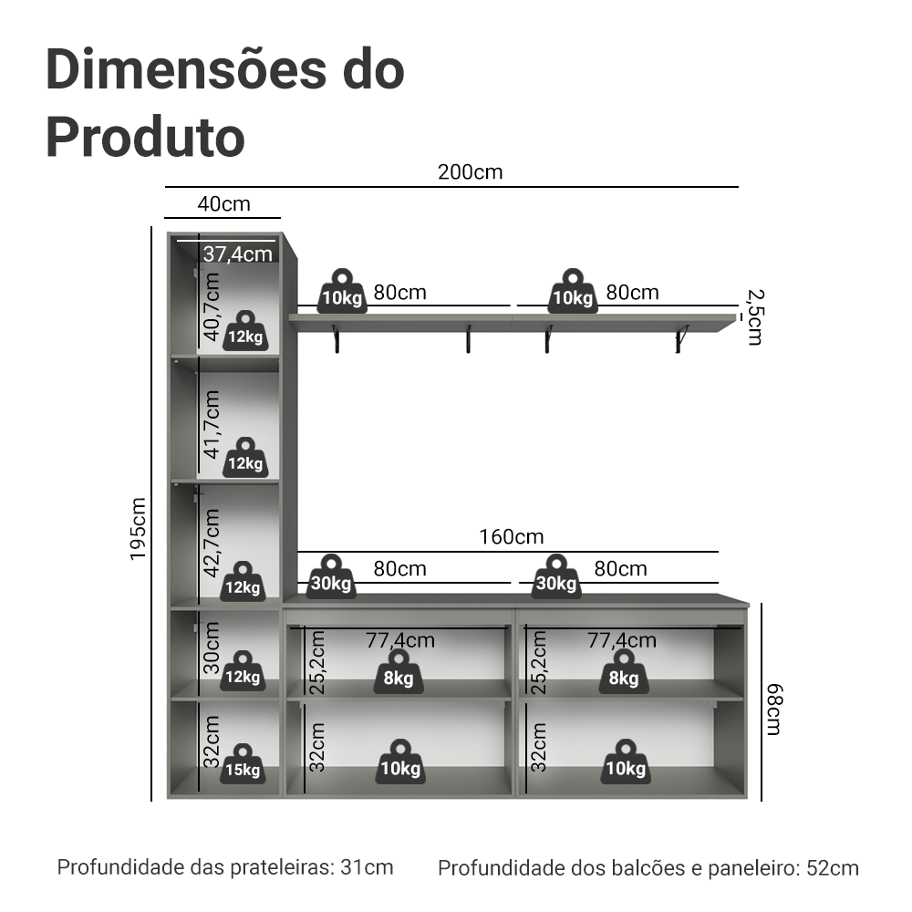 Rack Suspenso para TV até 70 Polegadas + Prateleira 200cm Cinza Nice Madesa 01