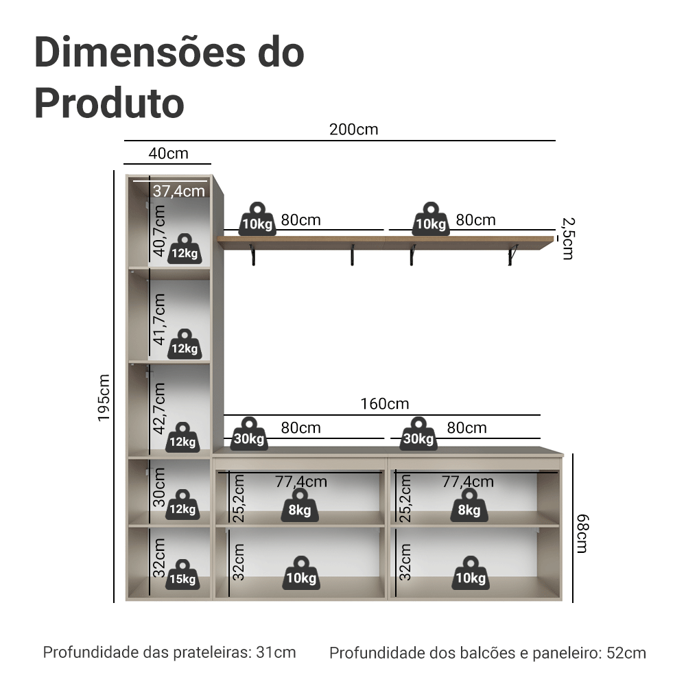 Rack Suspenso para TV até 70 Polegadas + Prateleira 200cm Crema Nice Madesa 01