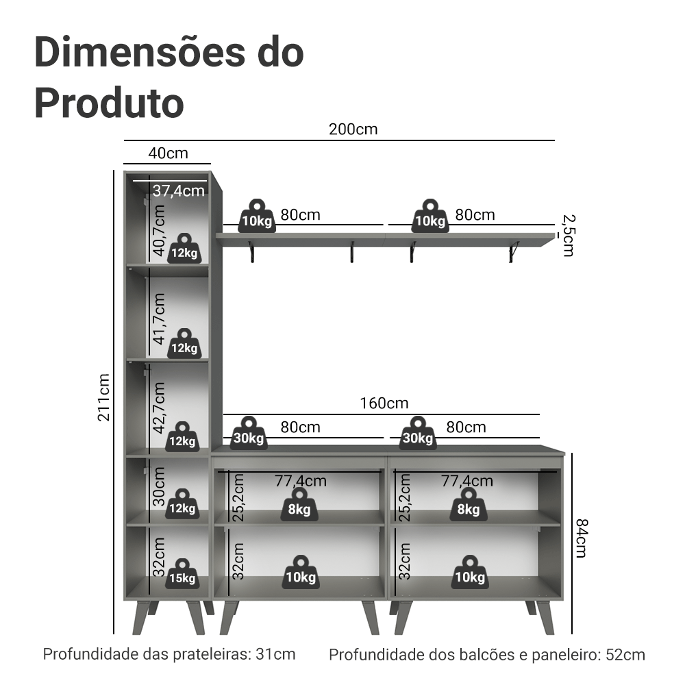 Rack para TV até 70 Polegadas + Prateleira 200cm Cinza Nice Madesa 02