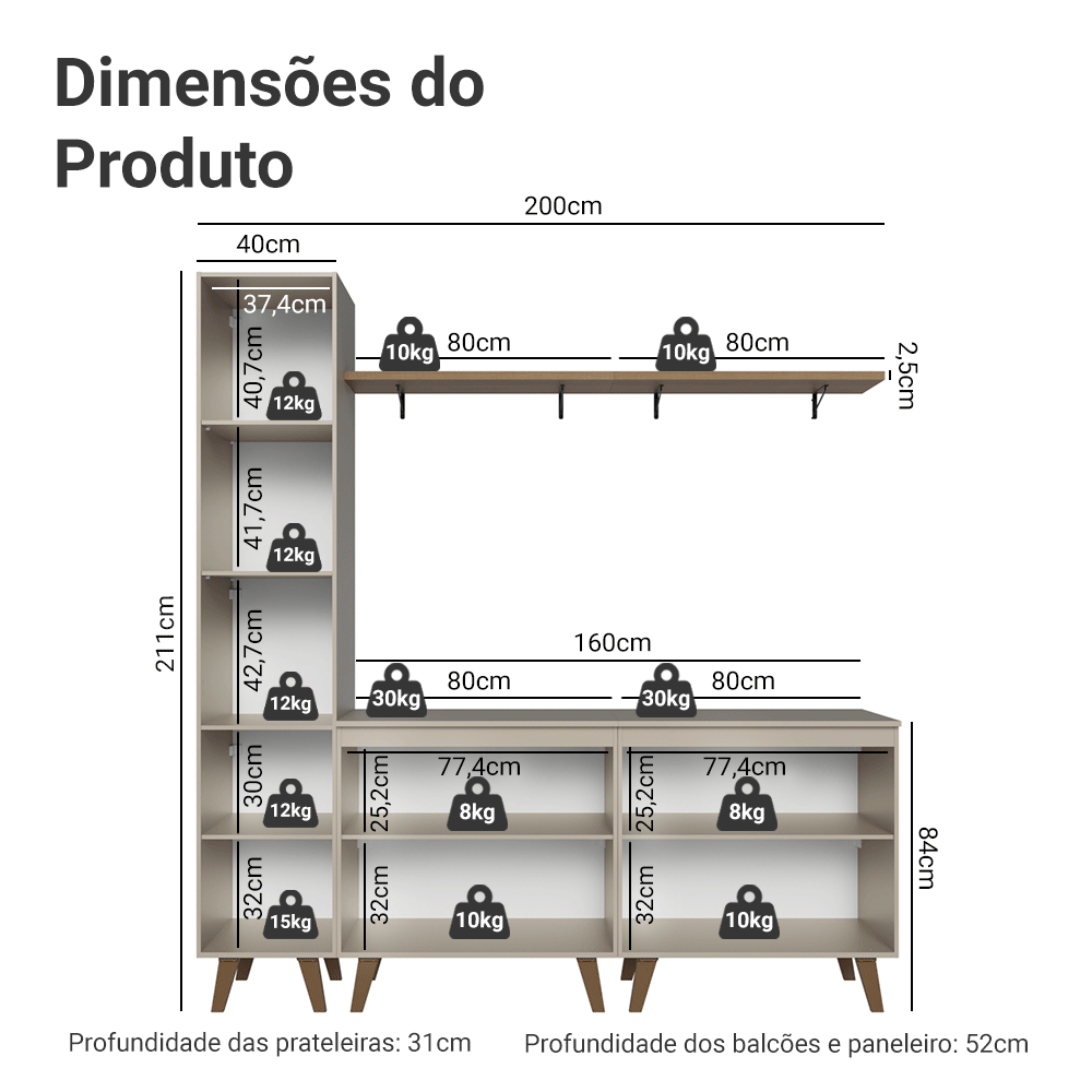 Rack para TV até 70 Polegadas + Prateleira 200cm Crema Nice Madesa 02