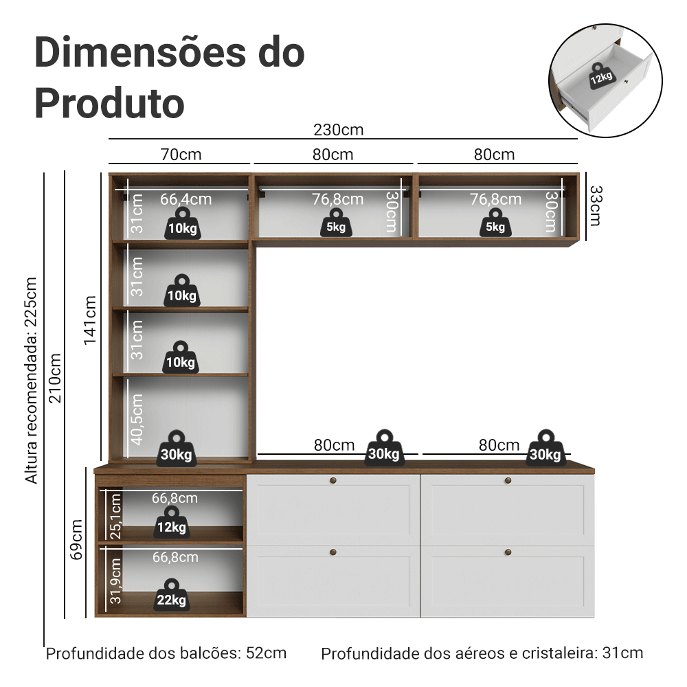 Estante Sala de Estar com Rack + Cristaleira 230cm Rustic/Branco Vik Madesa 01