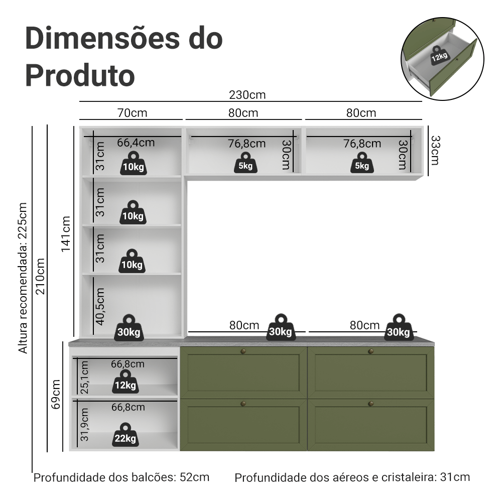 Estante Sala de Estar com Rack + Cristaleira 230cm Branco/Verde Vik Madesa 01