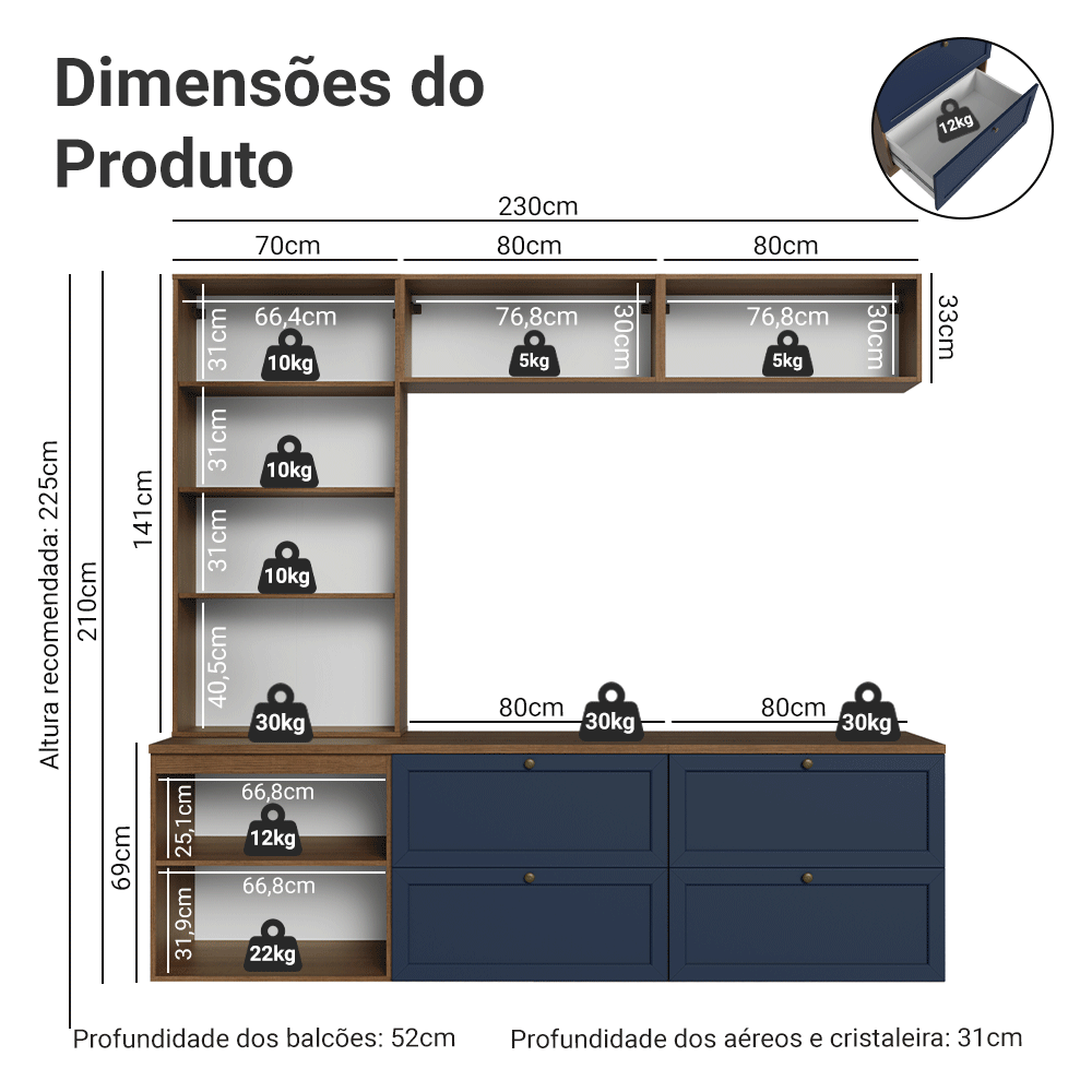 Estante Sala de Estar com Rack + Cristaleira 230cm Rustic/Azul Vik Madesa 01