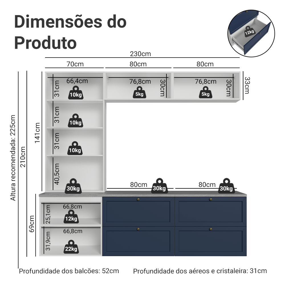 Estante Sala de Estar com Rack + Cristaleira 230cm Branco/Azul/Branco Vik Madesa 01