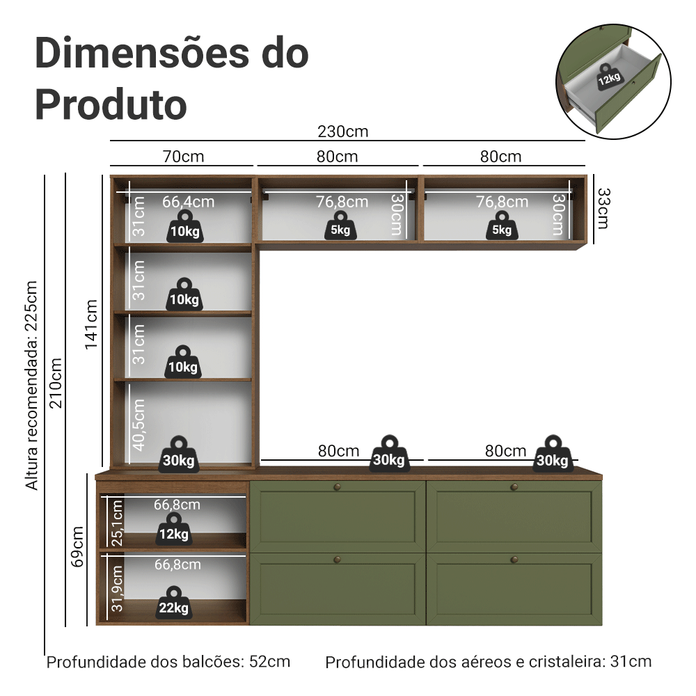 Estante Sala de Estar com Rack + Cristaleira 230cm Rustic/Verde/Rustic Vik Madesa 02