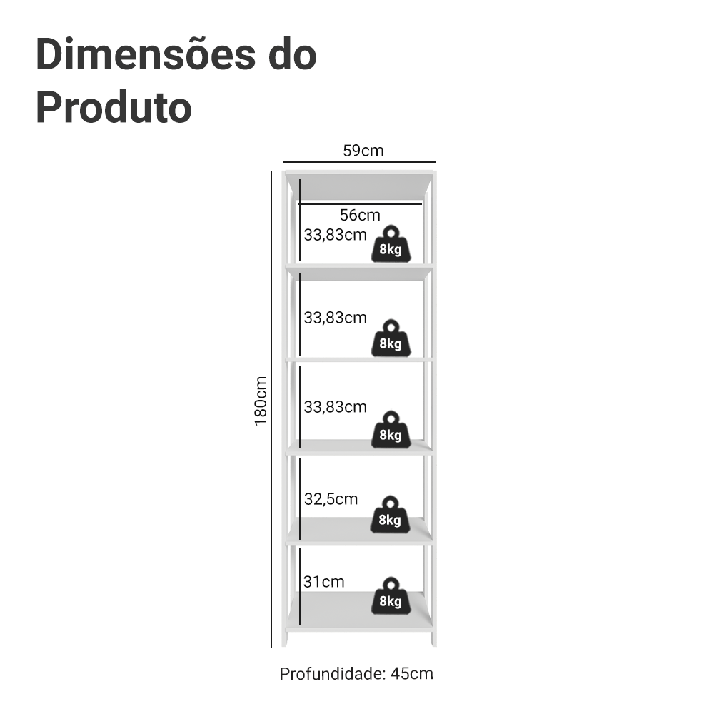 Estante Armário Multiuso para Escritório 59cm 5 Prateleiras Branco Madesa
