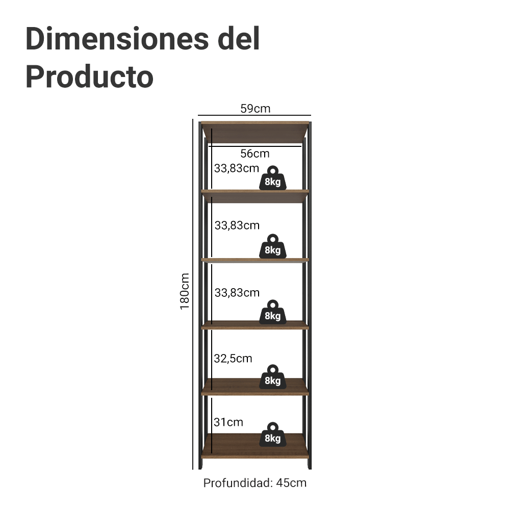 Estante Armário Multiuso para Escritório 59cm 5 Prateleiras Rustic/Preto Madesa