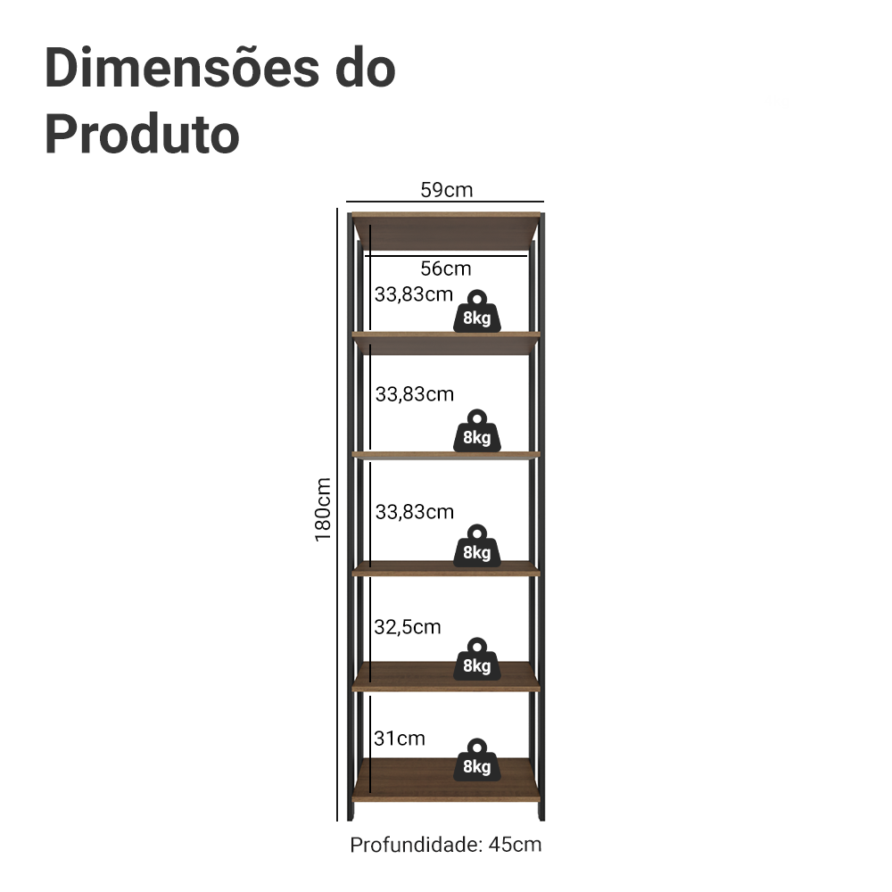 Estante Armário Multiuso para Escritório 59cm 5 Prateleiras Rustic/Preto Madesa