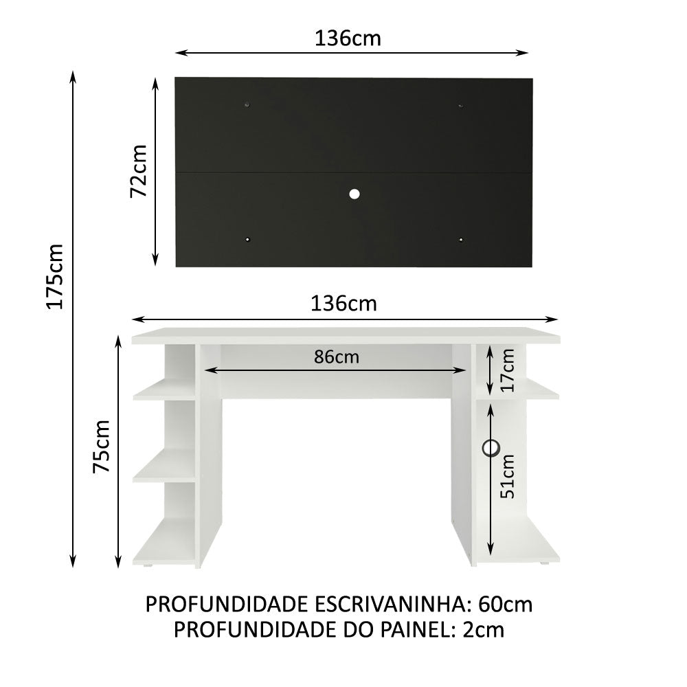 Mesa para Computador Gamer Madesa 9409 e Painel para TV até 50 Polegadas Branco/Preto