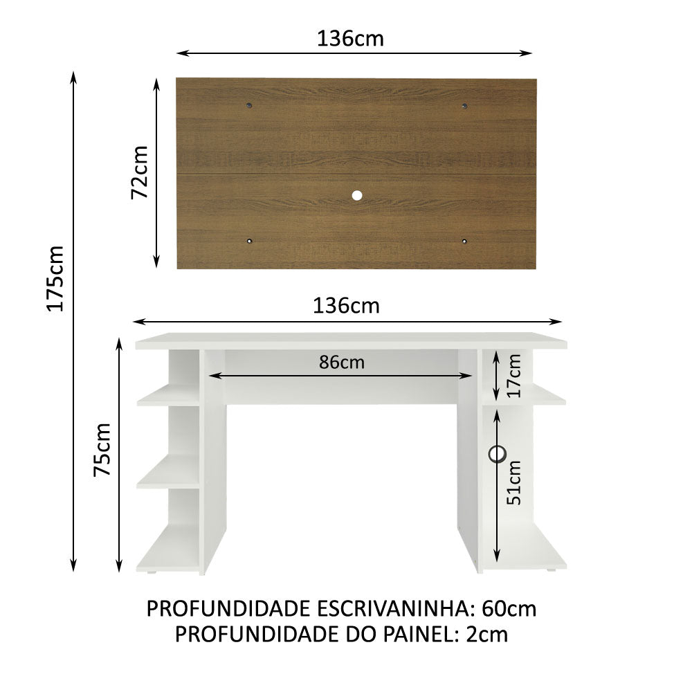 Mesa para Computador Gamer Madesa 9409 e Painel para TV até 50 Polegadas Branco/Rustic