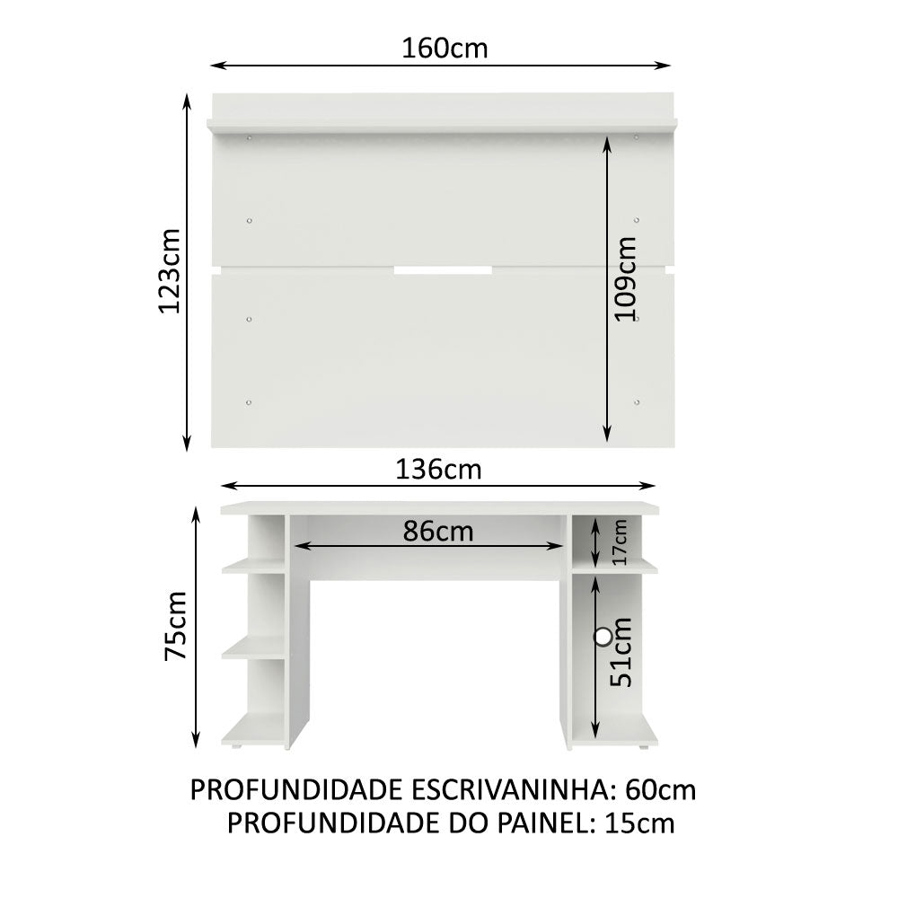 Mesa para Computador Gamer Madesa 9409 e Painel para TV até 65 Polegadas Branco