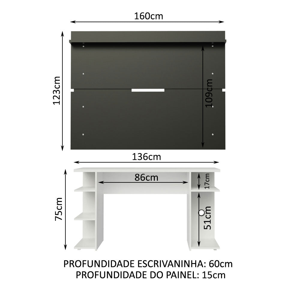 Mesa para Computador Gamer Madesa 9409 e Painel para TV até 65 Polegadas Branco/Preto