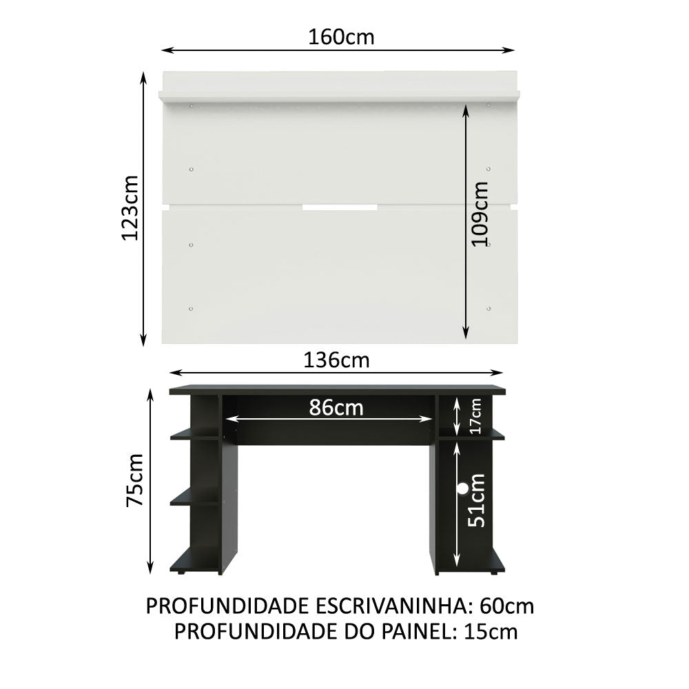Mesa para Computador Gamer Madesa 9409 e Painel para TV até 65 Polegadas Preto/Branco