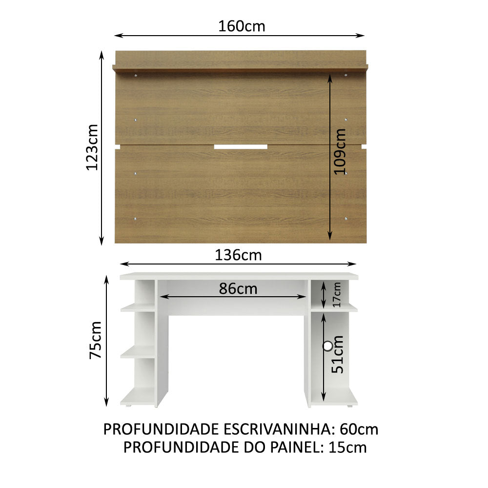Mesa para Computador Gamer Madesa 9409 e Painel para TV até 65 Polegadas Branco/Rustic