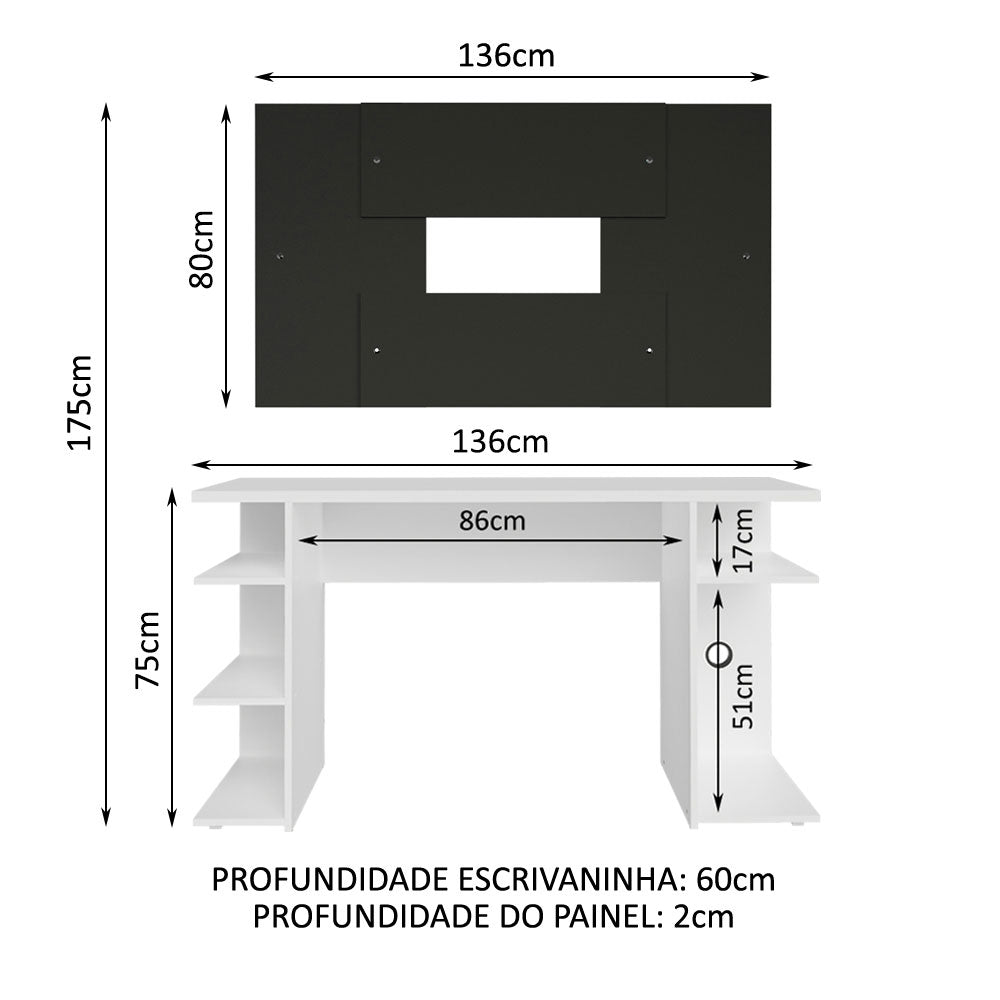 Mesa para Computador Gamer Madesa 9409 e Painel para TV até 58 Polegadas Branco/Preto