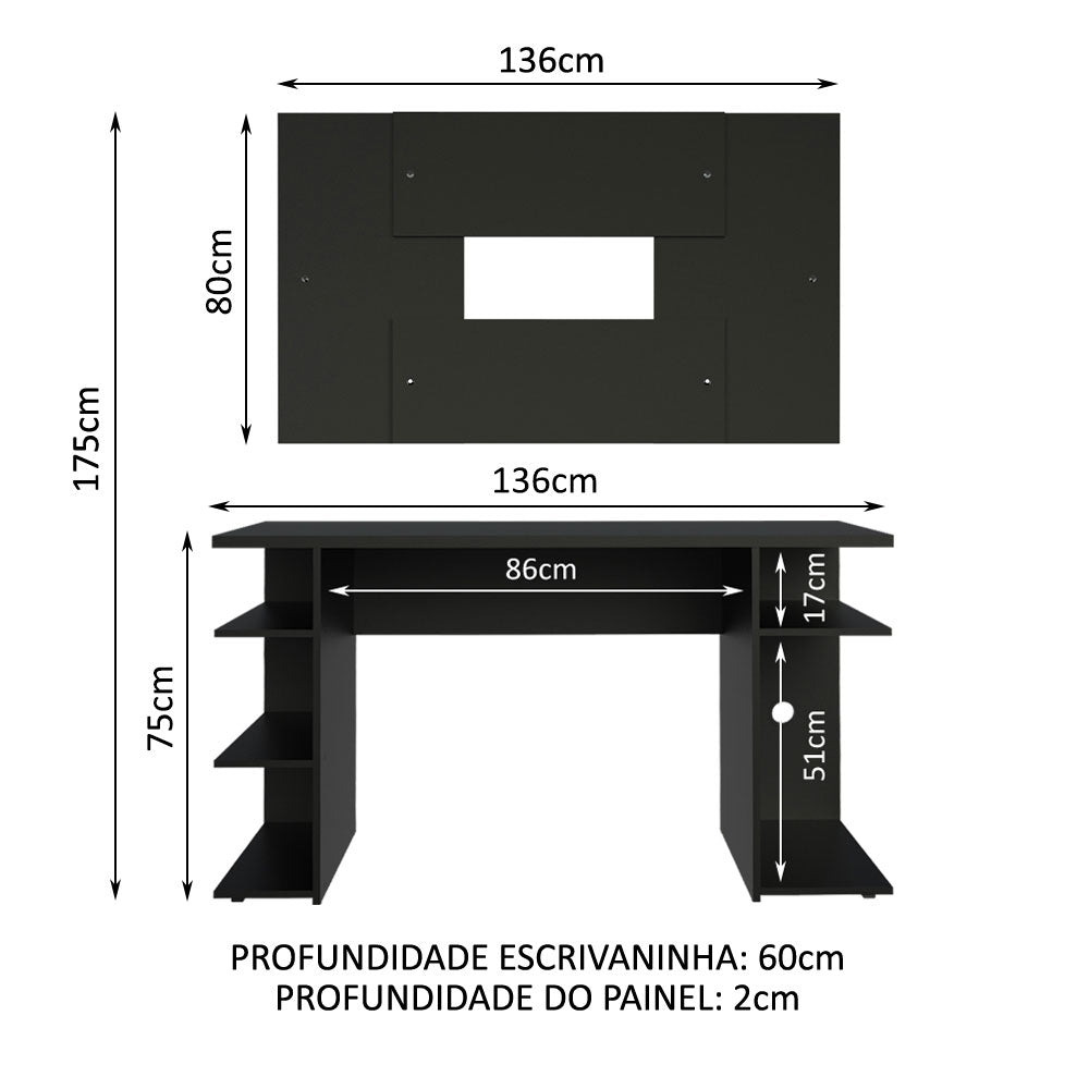 Mesa para Computador Gamer Madesa 9409 e Painel para TV até 58 Polegadas Preto