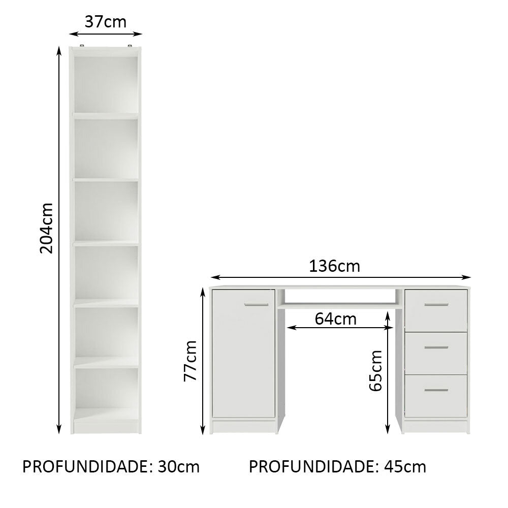 Escrivaninha Madesa Alaska + Estante Livreiro 6906 Branco