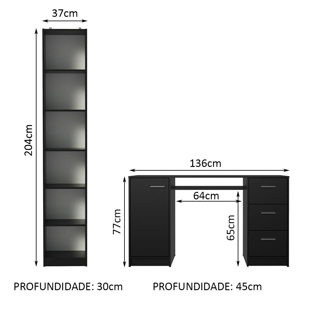 Escrivaninha Madesa Alaska + Estante Livreiro 6906 Preto