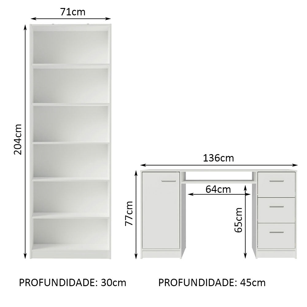 Escrivaninha Madesa Alaska + Estante Livreiro 6908 Branco