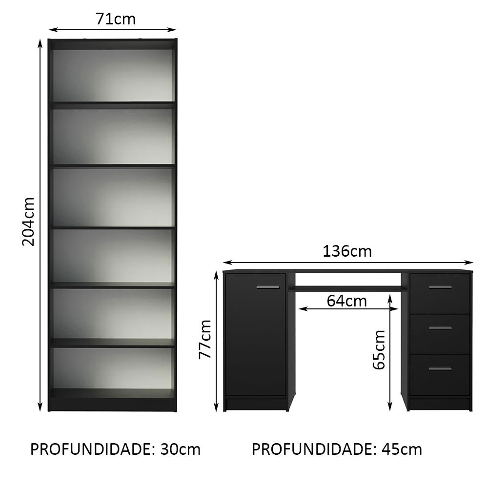 Escrivaninha Madesa Alaska + Estante Livreiro 6908 Preto