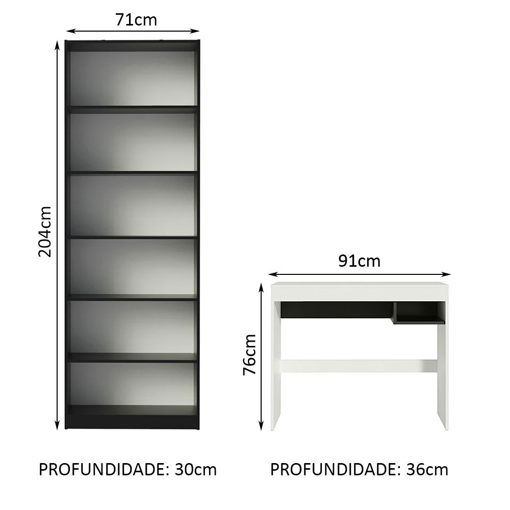 Escrivaninha Madesa Rubi + Estante Livreiro 6908 Branco/Preto