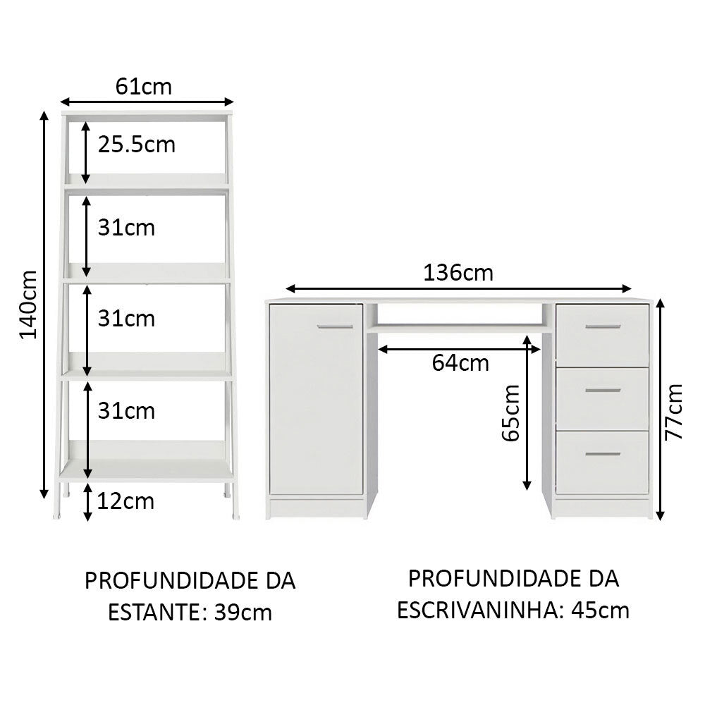 Escrivaninha Madesa Alaska + Estante Escada Branco