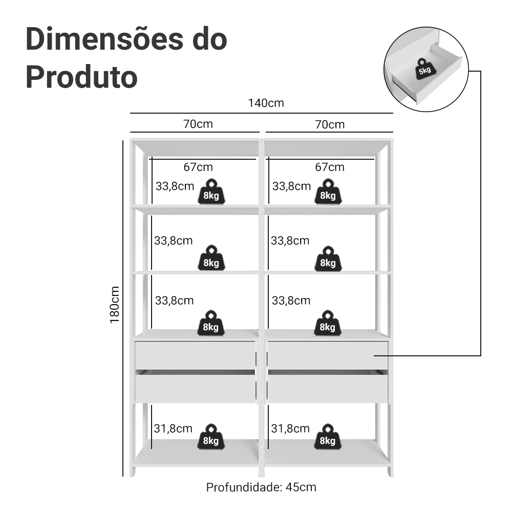 Estante Armário Multiuso para Livros 4 Gavetas 8 Prateleiras 140cm Branco Madesa