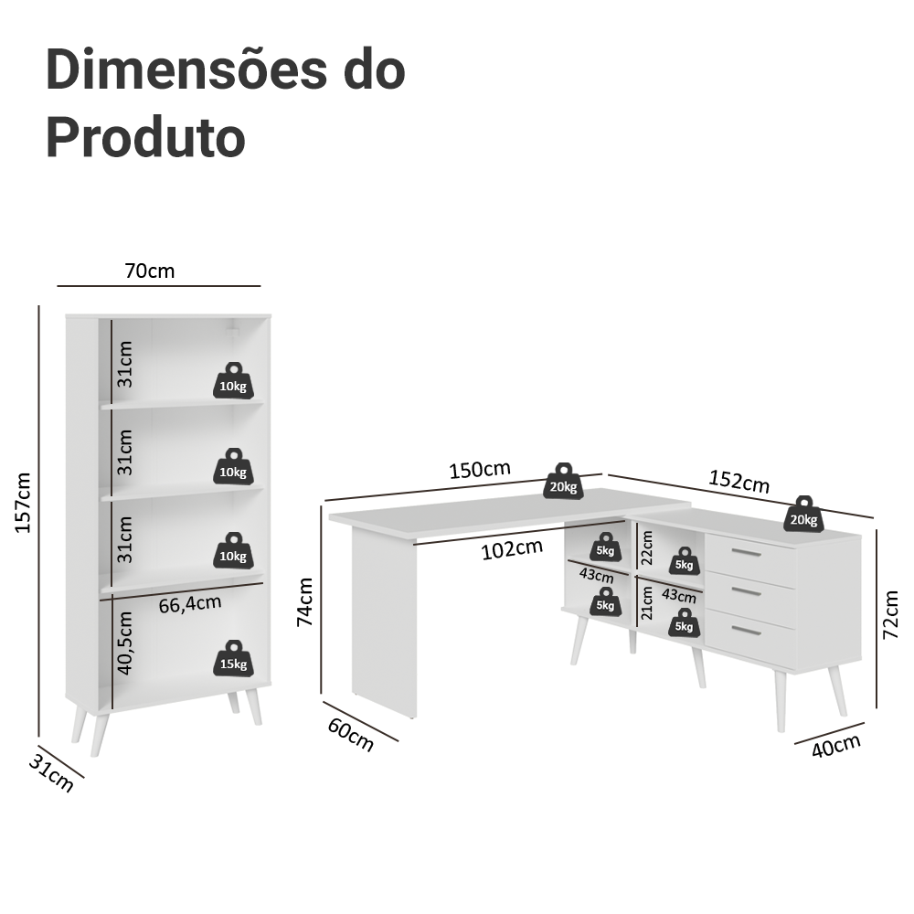 Kit 2 Peças com Escrivaninha em L 3 Gavetas e Armário Multiuso com Vidro Branco Madesa