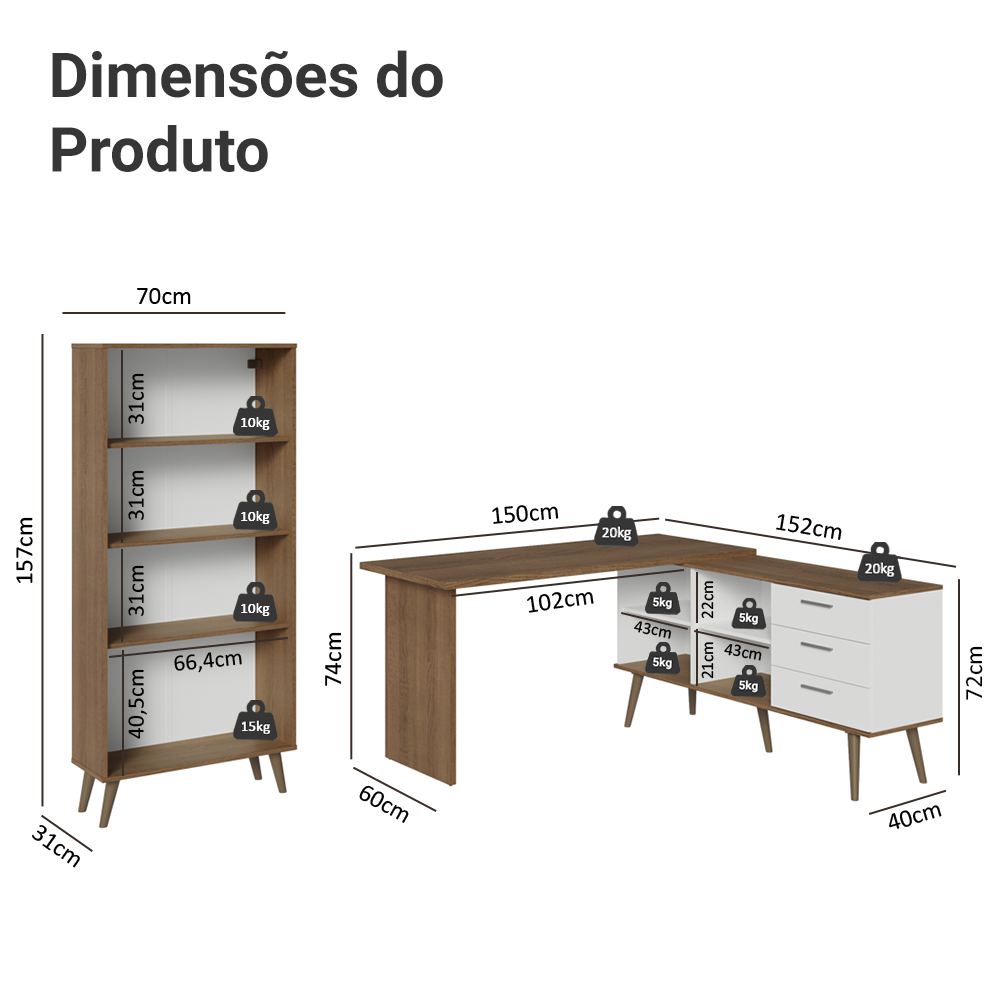 Kit 2 Peças com Escrivaninha em L 3 Gavetas e Armário Multiuso com Vidro Rustic/Branco Madesa