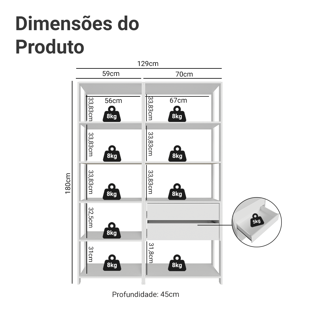 Estante Armário Multiuso para Escritório 129cm 9 Prateleiras 2 Gavetas Branco Madesa