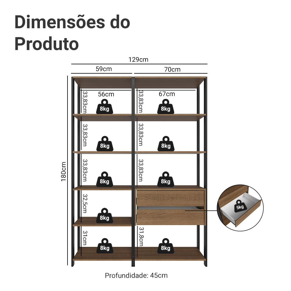 Estante Armário Multiuso para Escritório 129cm 9 Prateleiras 2 Gavetas Rustic/Preto Madesa