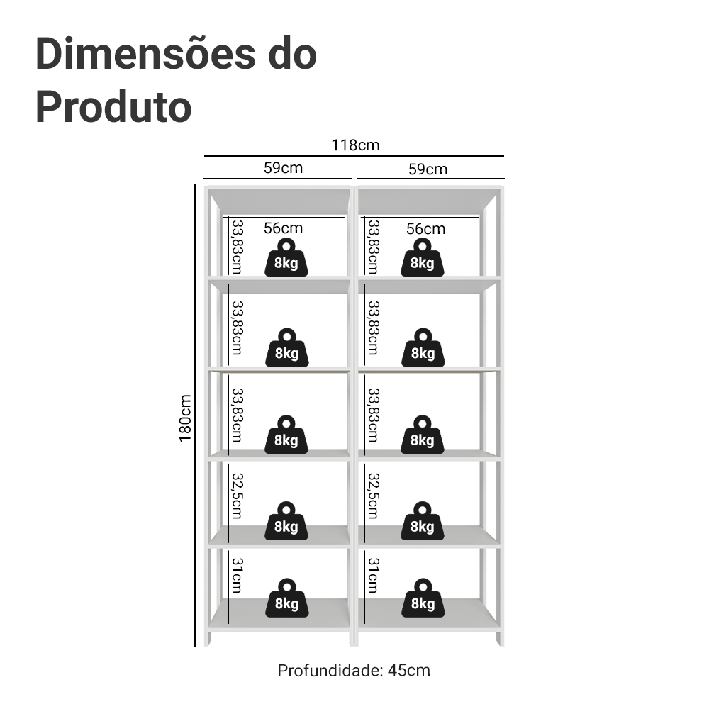 Estante Armário Multiuso para Escritório 118cm 10 Prateleiras Branco Madesa