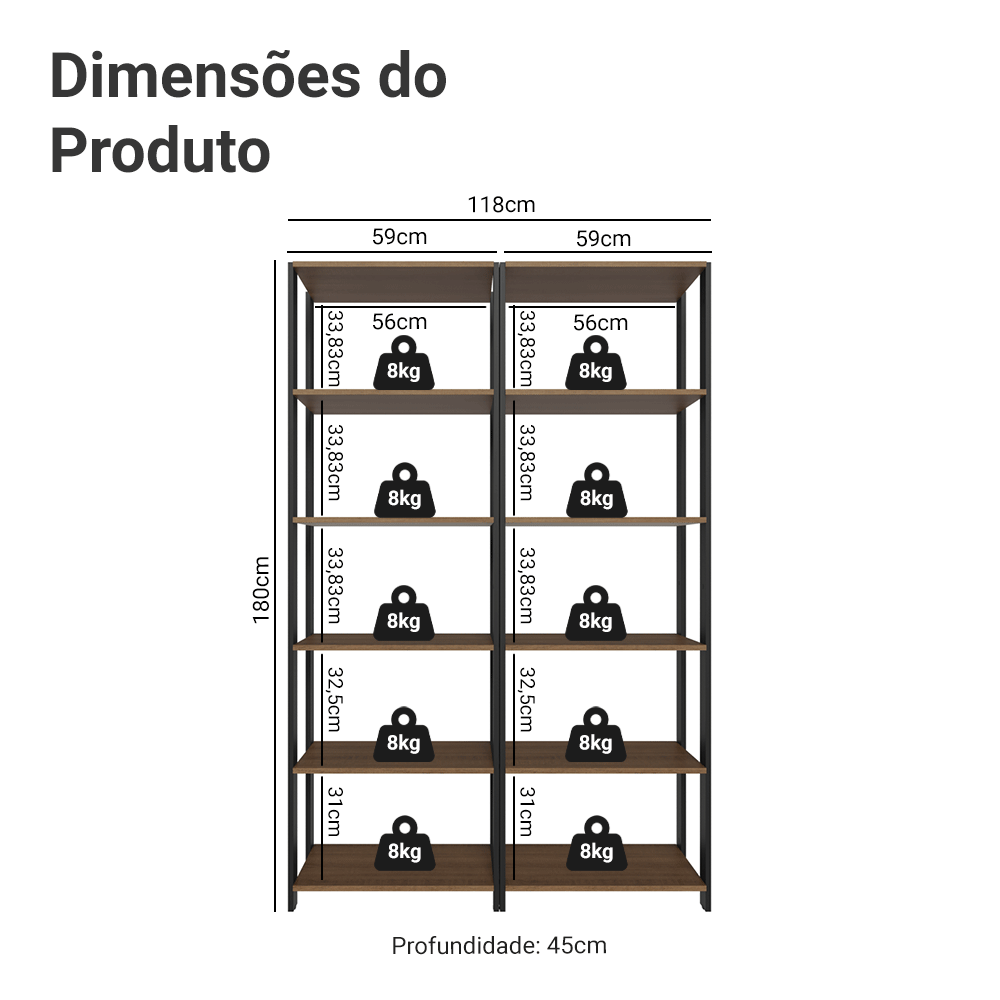 Estante Armário Multiuso para Escritório 118cm 10 Prateleiras Rustic/Preto Madesa