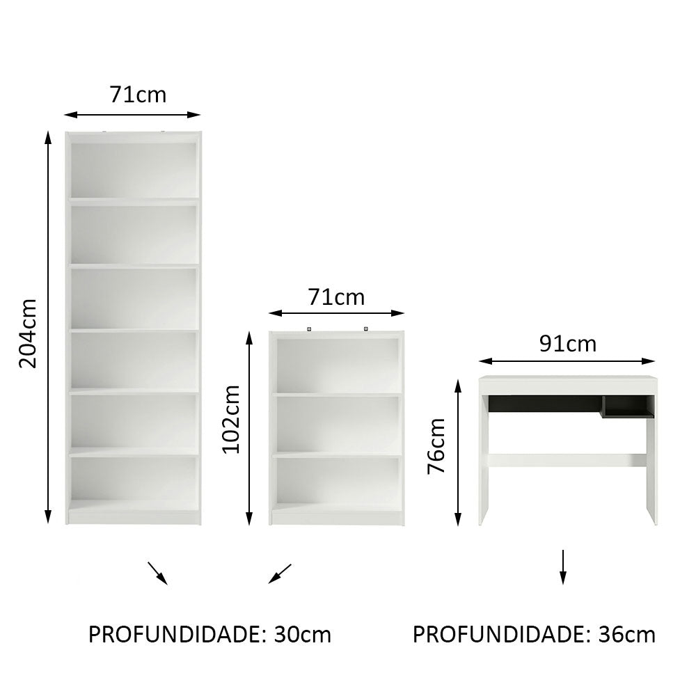 Escrivaninha Madesa Rubi + Estante 6908 + Estante 6907 Branco/Preto