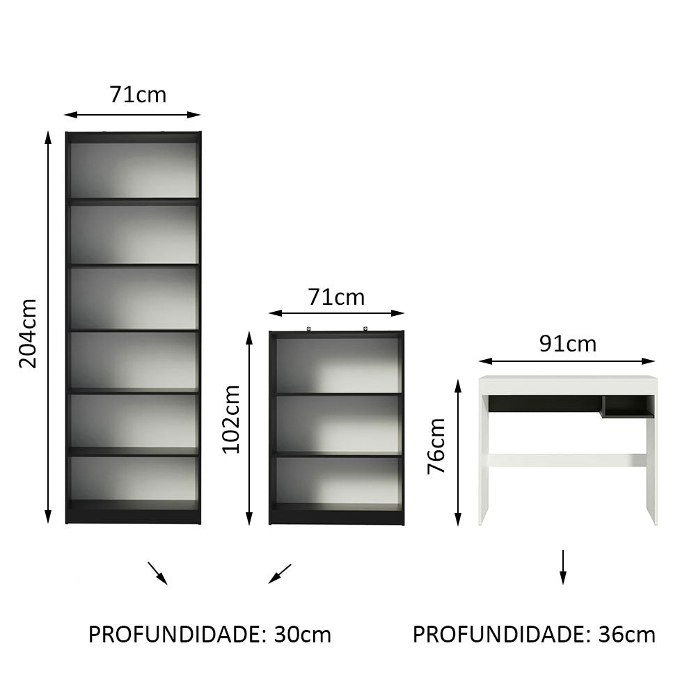 Escrivaninha Madesa Rubi + Estante 6908 + Estante 6907 Preto/Branco
