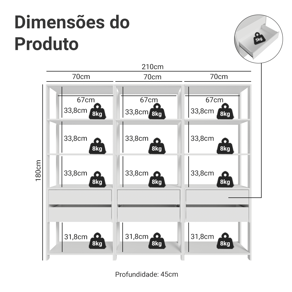 Estante Armário Multiuso para Livros 6 Gavetas 12 Prateleiras 210cm Branco Madesa
